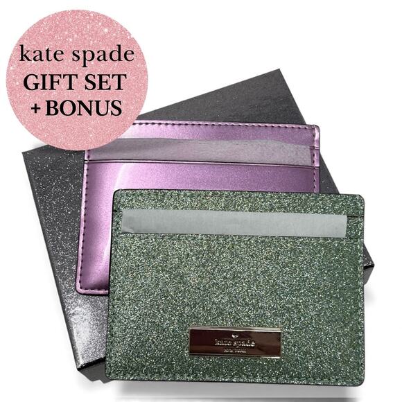 Kate Spade Handbags - Kate Spade 🎁 Glitter Cardholder Gift Set – Pink & Green – NWT + Bonus – Gift Box